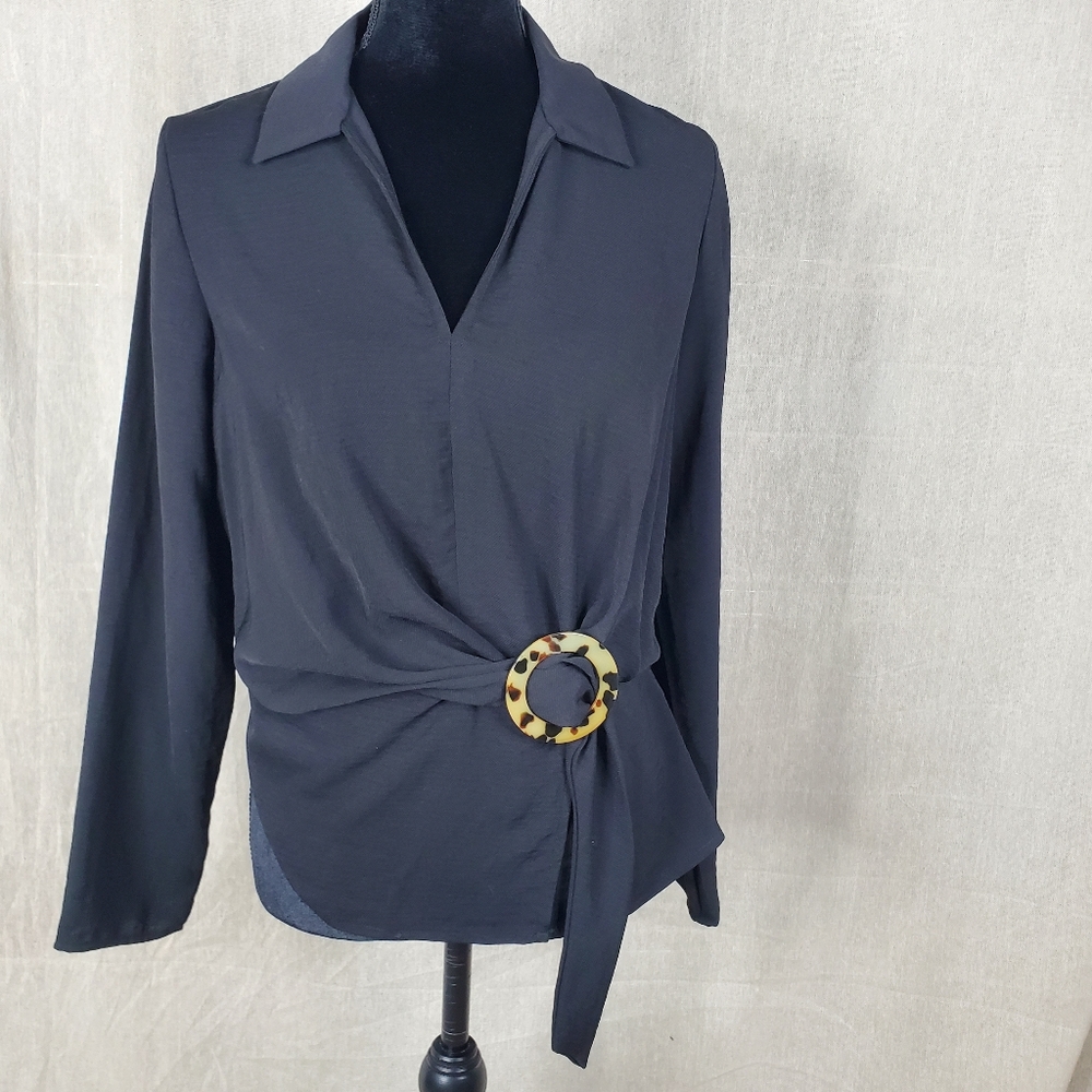 ♡ Topshop Black Long Sleeve V-Neck Collared Peplum Blouse Size 8